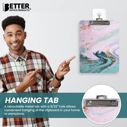 Better Office Products Fashion Clipboard, Marble Design, Standard A4 Letter Size, 12.5" x 9", Wooden Clipboard, Low Profile Clip with Retractable Hanging Tab, Decorative Clipboard (Marble Swirl)
