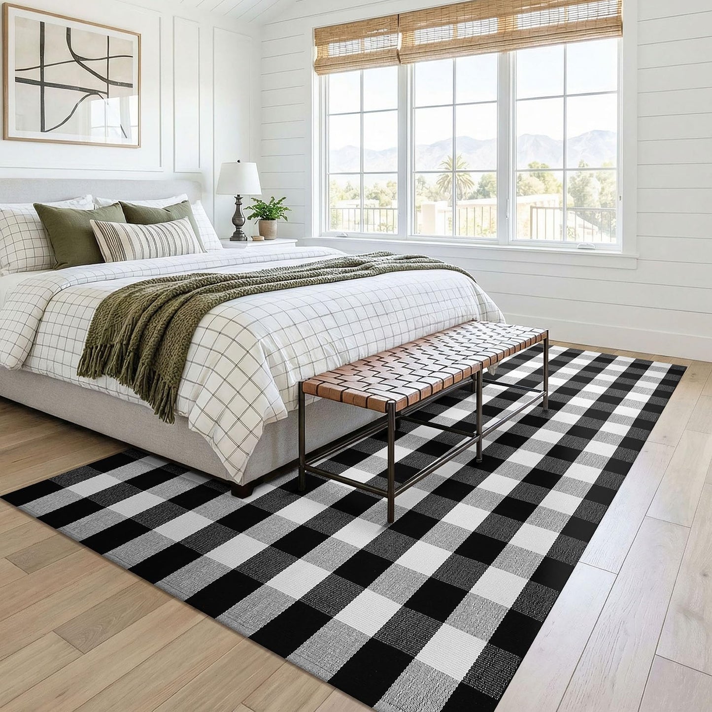 KOZYFLY Buffalo Plaid Area Rug 5x8 Living Room Rug Washable Cotton Black and White Checkered Rugs Outdoor Carpet for Dining Room Bedroom Farmhouse Patio Rugs