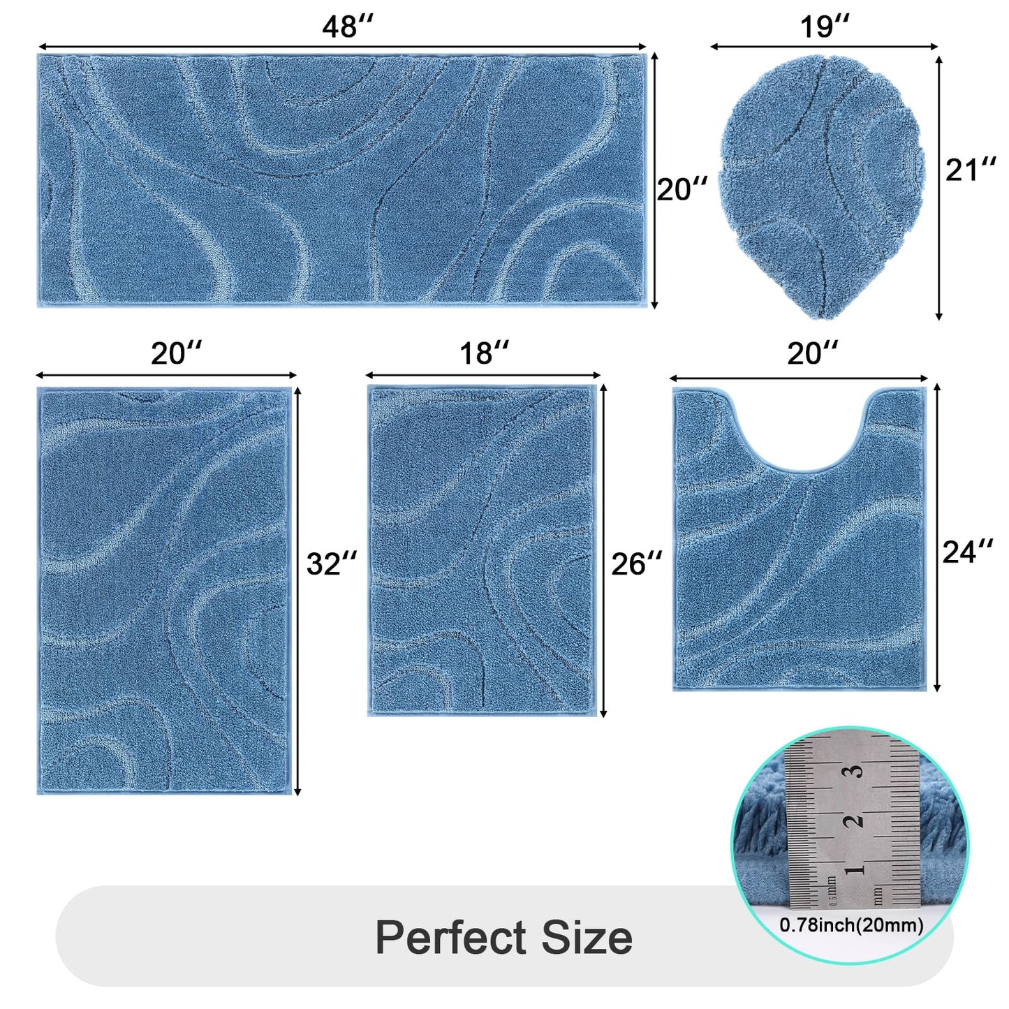 HEBE Bathroom Rugs Sets 5 Piece, Soft Absorbent Microfiber Bath Mat for Bathroom, Non Slip Washable Bath Rug Set with Toilet Cover, Bath Runner and U-Shaped Contour Toilet Rug, Blue