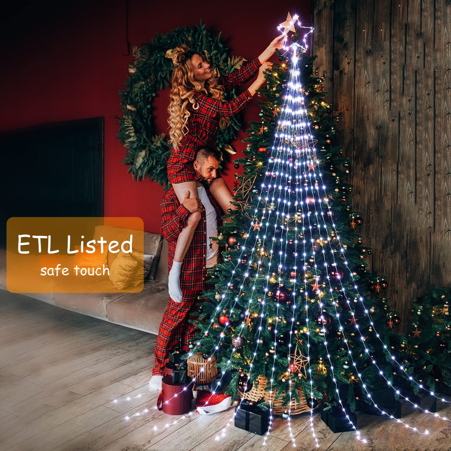 Christmas Decorations Star String Lights, 344 LED Waterfall Tree Lights with 11" Topper Iron Star Christmas Lights Indoor Outdoor Decorative for Wedding Party Home Holiday Decor (Pure White)