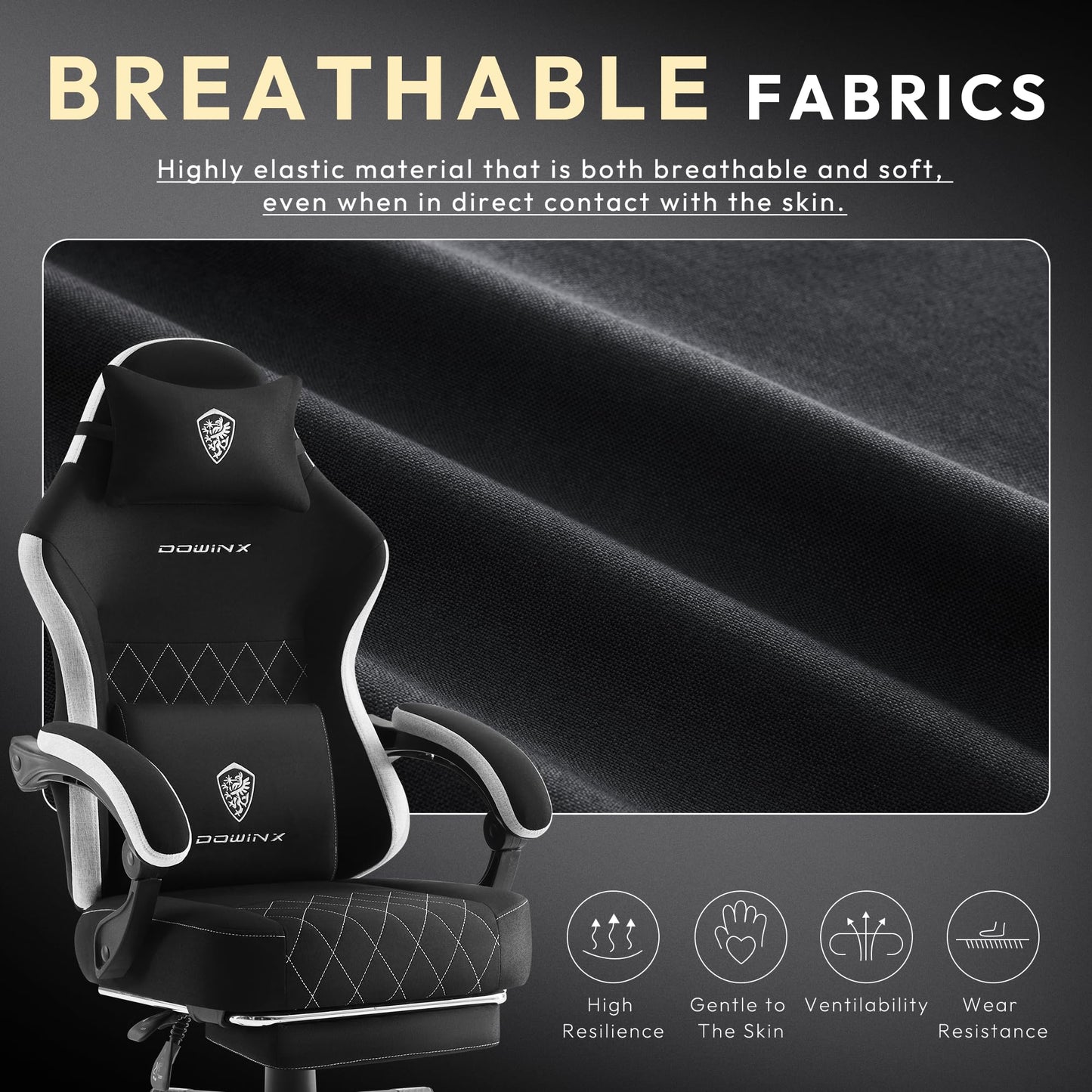 Dowinx Gaming Chair, Breathable Fabric Computer Chair with Pocket Spring Cushion, Ergonomic Massage Gamer chair with Lumbar Support and Footrest, Height Adjustable Office Game chairs for Adults, Black