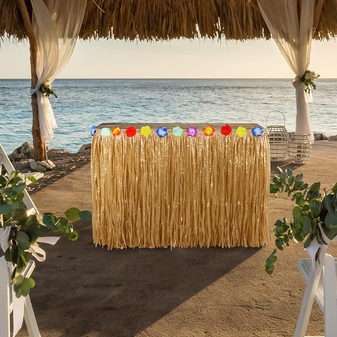 Aodaer Thickened Grass Table Skirt Natural with Hibiscus Flowers 400g Hawaiian Luau Tropical Party Decor Fringe Party Decoration for Costume Tiki Tropical Hawaii Moana Birthday, Straw Yellow