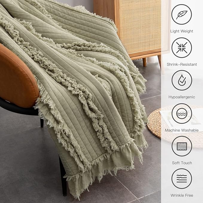 Ultra Soft Pre-Washed Quilted Boho Olive Green King Size Blankets for Bed, Sage Green Ruffle Fringed Decorative Throw, Stone Washed Chic Rustic Blanket for Sofa Couch Bed, 104"*90"