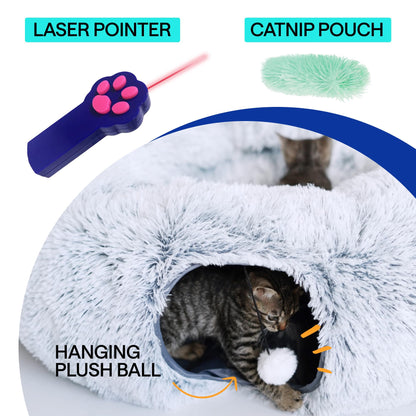 Cat Tunnel Bed with Cat Toys for Bored Indoor Adult Cats – Includes 1 Laser Paw, 1 Ball, and 2 Hollow Tunnels to Form Big Donut Shaped Tube - Can Be Used as Peekabo Cave or Comfy Pet Bed
