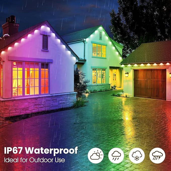 100FT Permanent Outdoor RGB Lights,IP67 Waterproof Smart LED Eaves Lights with App/Remote Control,for Christmas and All Holiday Decor,Daily and Accent Lighting,House Roof and Garden Lighting