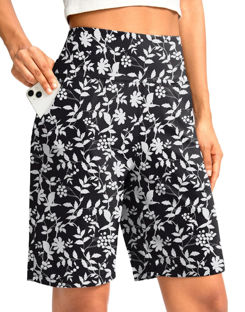 G Gradual Women's Bermuda Long Shorts with Pockets 9" High Waisted Knee Length Shorts for Women Walking Athletic Workout(White Flower,S)