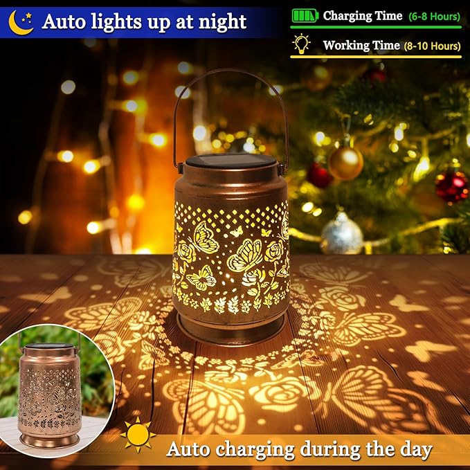Solar Lantern Outdoor Decorations, Waterproof Hanging Lights for Outside Garden Yard Patio Porch Balcony Decor, Christmas Birthday Gifts for Mom Grandma Women (Style_ Butterfly_2Pack)