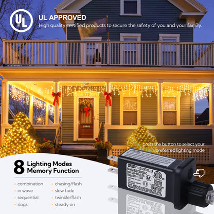 Hopolon 33FT 360L LED Christmas Icicle Lights Outdoor Waterproof,8 Modes Plug in Curtain String LIghts With 60 Drops,Christmas Lights for Wedding,Party,Bedroom,Home,Garden,Wall Decorations(Warm White)