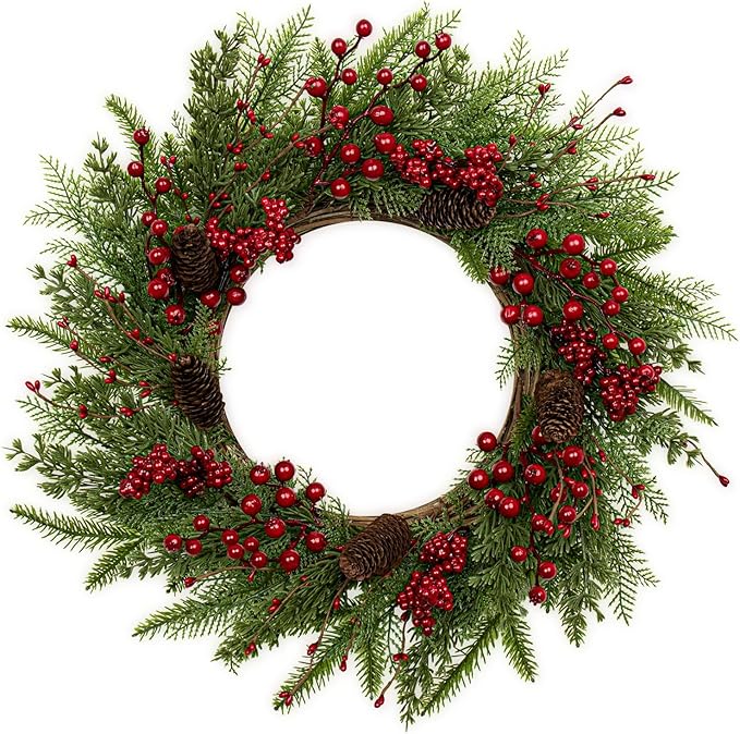 JINGHONG Artificial Christmas Wreath 22 Inch Christmas Wreaths for Front Door Winter Wreath with Red Berries Pine Cones Needles for Indoor Outdoor Xmas Winter Holidays