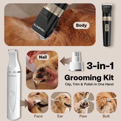 HEAPETS Dog Hair Clippers for Grooming Kit and Dog Paw Trimmer Nail Grinder for Grooming, Low Noise Rechargeable Cordless, Shaver Grooming Supplies for Pet Cats Dogs (Black, White)