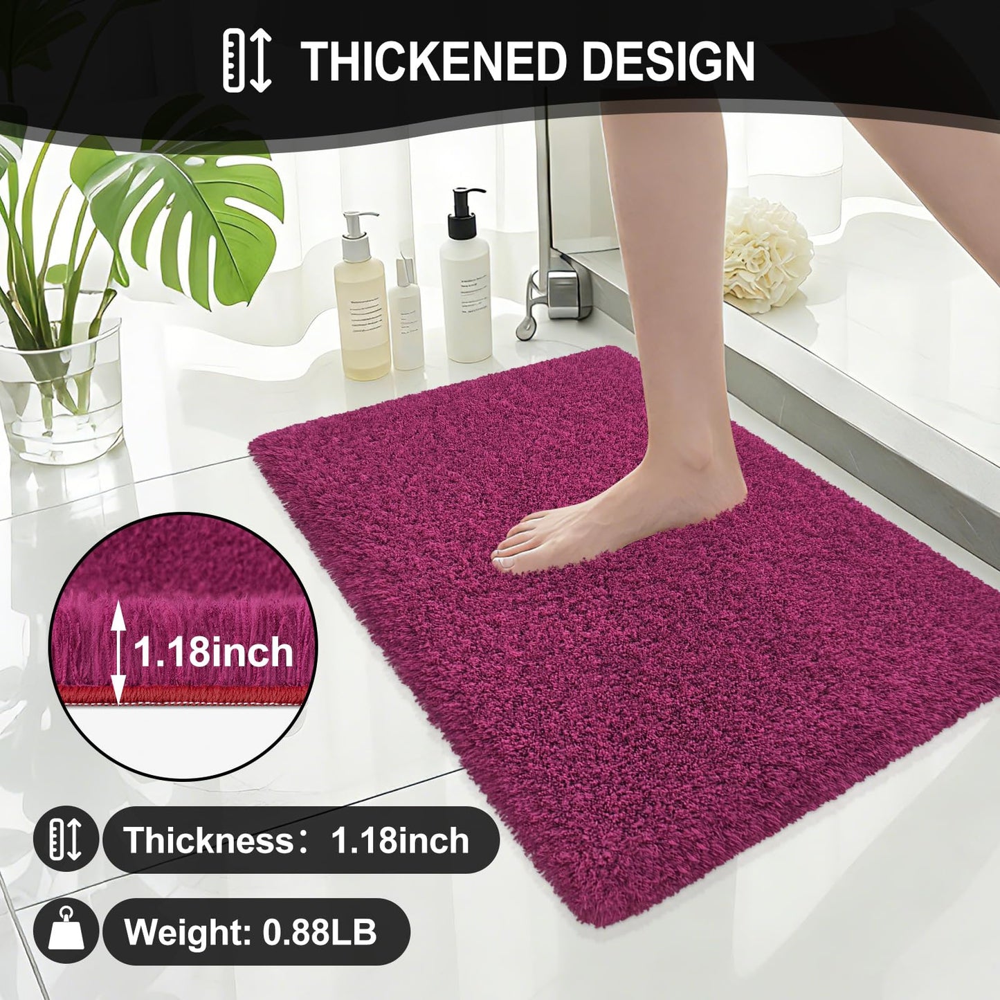 ATRUG Bathroom Rugs 24"x17", Burgundy Extra Soft Absorbent Bath Mat, Rubber Backing Quick Dry, Machine Washable Microfiber Bath Rugs for Bathroom Floor, Shower, Bedroom, Tub
