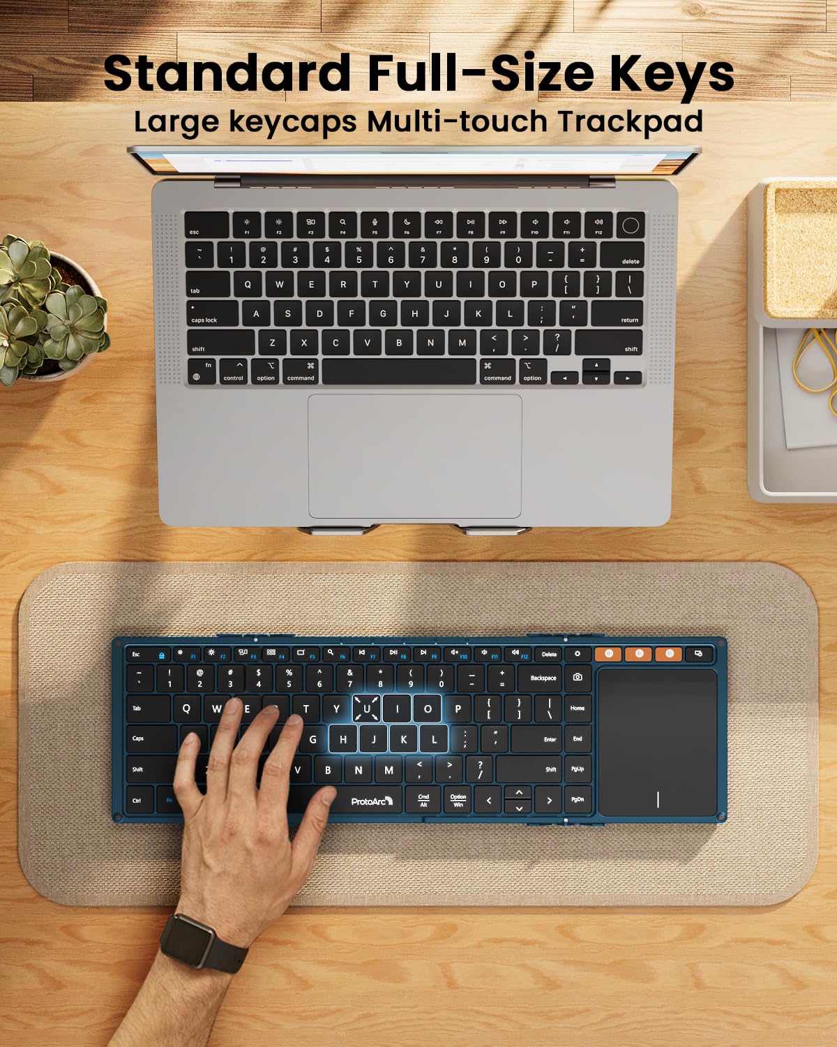 ProtoArc Foldable Keyboard with Touchpad, XK01 TP Folding Portable Keyboard, Full Size Keys, Large Trackpad Bluetooth Travel Keyboards for Laptop PC Tablet - Black