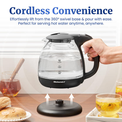 Elite Gourmet EKT1001 Electric 1.0L BPA-Free 1100W Glass Kettle Cordless 360° Base, Stylish Blue LED Interior, Handy Auto Shut-Off Function – Quickly Boil Water For Tea & More, Black
