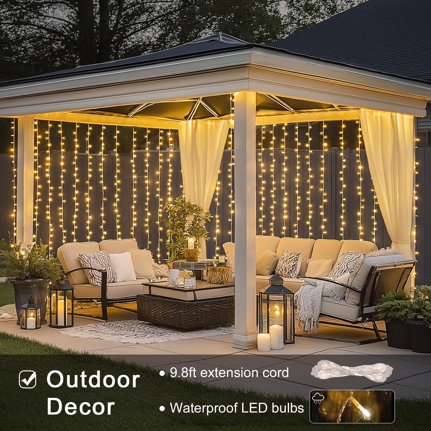 JMEXSUSS 300 LED Remote Control Christmas Curtain Lights, Plug in Fairy Curtain Lights Outdoor, Window Wall Hanging String Lights for Bedroom Backdrop Wedding Party Indoor Patio Xmas Decor, Warm White