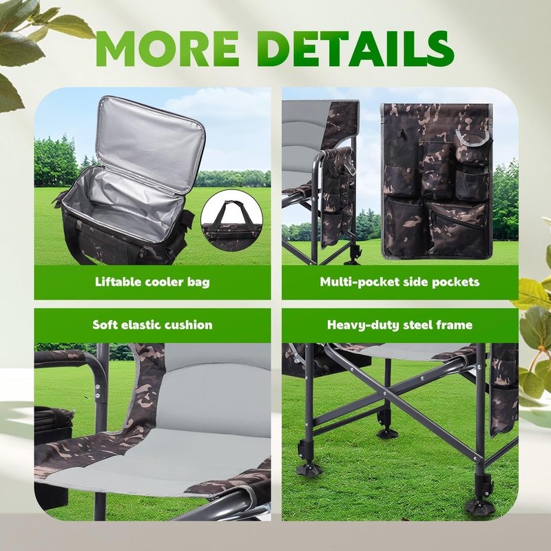 FUNHORUN Fishing Chair with Rod Holder, Folding Heavy Duty Ice Fishing Camping Chair with Liftable Cooler Bag, Cup Holder, Adjustable Legs