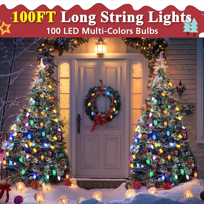 C9 Christmas Lights Outdoor Multicolor, 100FT 100LED string Lights Waterproof Shatterproof, Extendable C9 Xmas Lights, Indoor Outdoor Christmas String Light for House Roof Patio Garden Tree Party