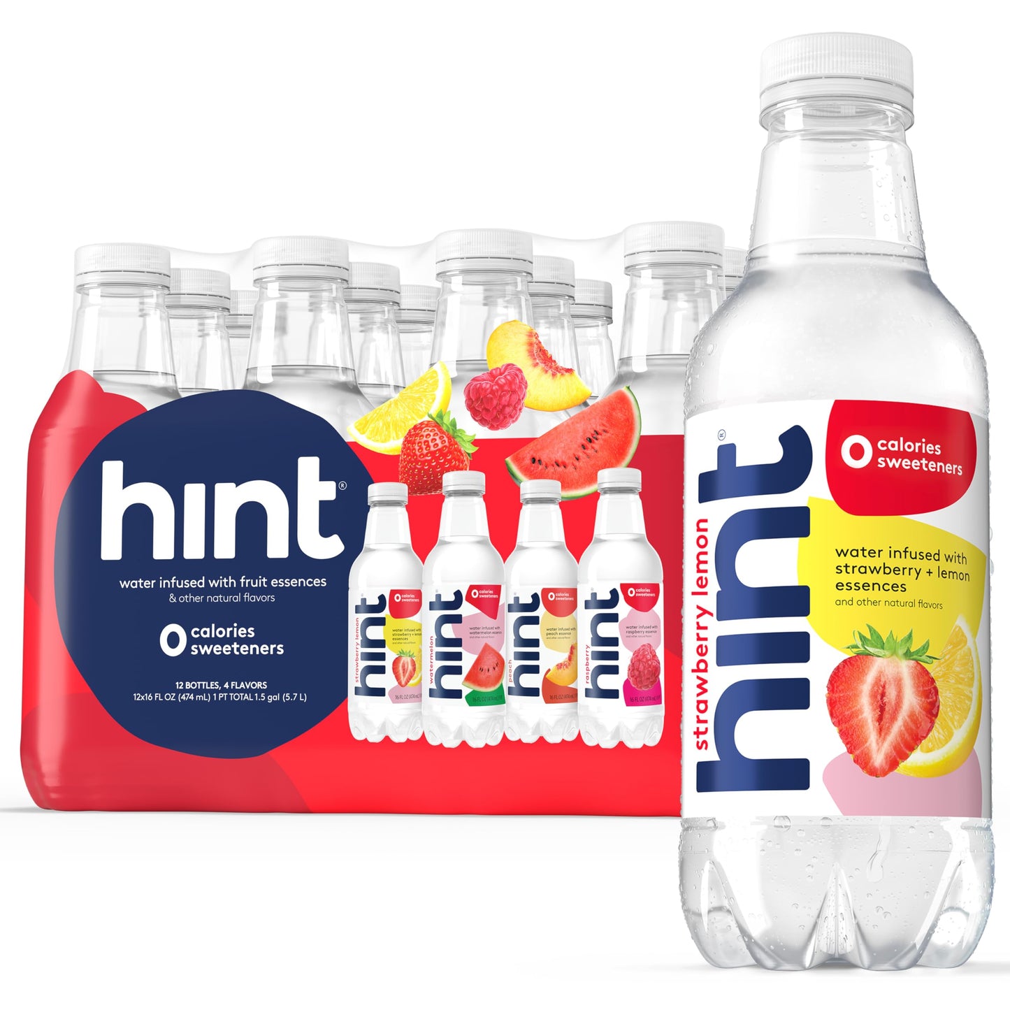 Hint Fruit-Infused Bottled Water, 4-Flavor Red Variety Pack - Sugar Free Flavored Water with Zero Calories, Natural Fruit Essences, and No Artificial Sweeteners - 16 Fl Oz (Pack of 12)