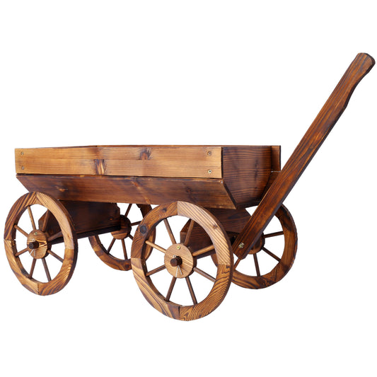 ZENITHLIVING Wooden Wagon Planter with Wheels, Brown Fir Wood Garden Cart, 41.4 x 16 x 24 Inches, Outdoor Flower Pot Stand with Handle
