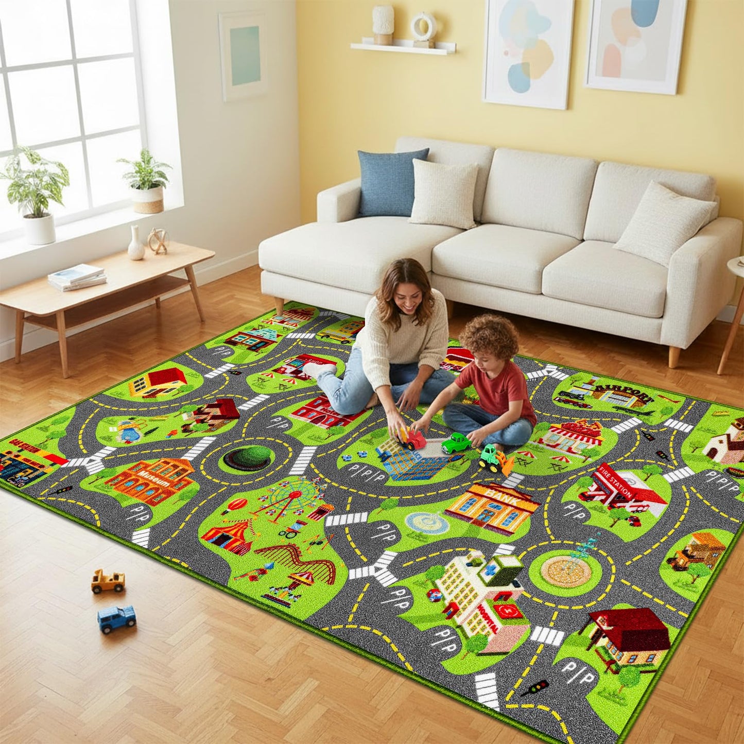 Kids Rug for Playroom, 60"X36" Car Rug Play Mat, Town City Road Map for Boys to Play with Cars Trucks, Non-Slip Car Carpet for Classroom Nursery Bedroom, Machine Washable (City Map, 60"X36")