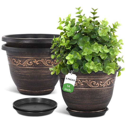 Plastic-Plant-Flower-Planters-14 Inch With Drainage Hole & Saucer, 3 Packs Lightweight Large Resin Flower Pot Indoor Outdoor, Retro Antique Imitation Decorative Garden Containers Sets For Houseplants