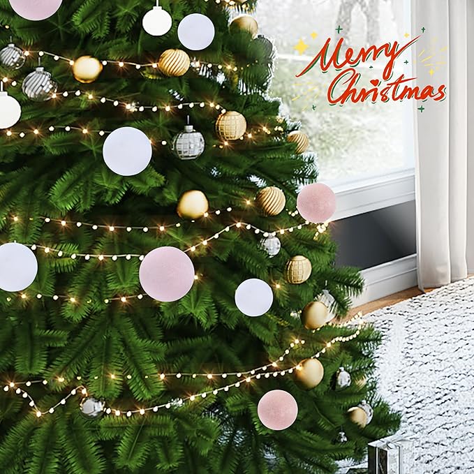 Amooca 3.15in Large Christmas Balls Ornaments Flocking Xmas Tree Hanging Decoration New Year Holiday Party Baubles 6pc Set Pink White