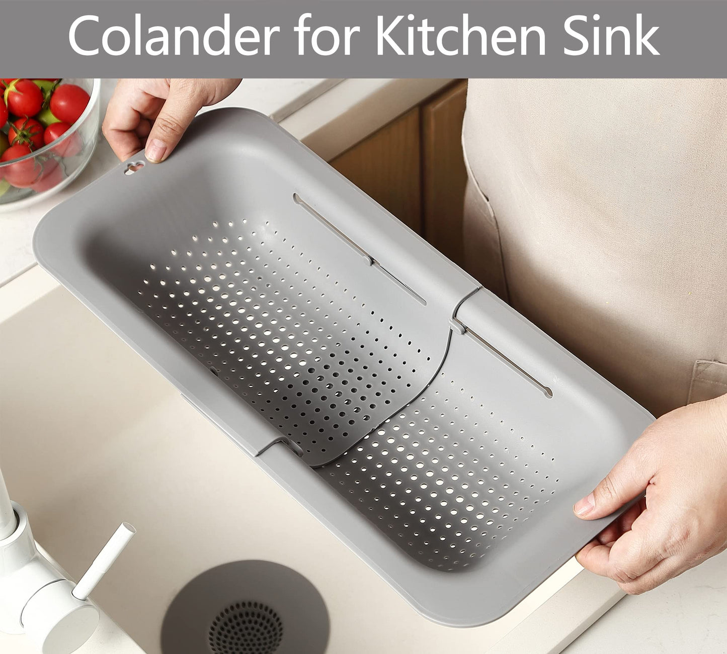 Adjustable Over the Sink Colander Strainer, Silicone Clip On Strainer for Pots Strainers and Plastic Colanders Drainer Basket for Food Pasta Vegetables Kitchen, Extendable 14.5"-19.5", Green