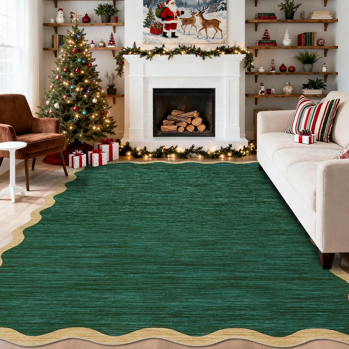 GarveeHome Washable Rug 9x12 Area Rug for Bedroom Farmhouse Scalloped Living Room Rug Non Slip Large Area Rug Low Pile Throw Rugs Stain Resistant Carpet for Dining Room, Green 9 ft x12 ft