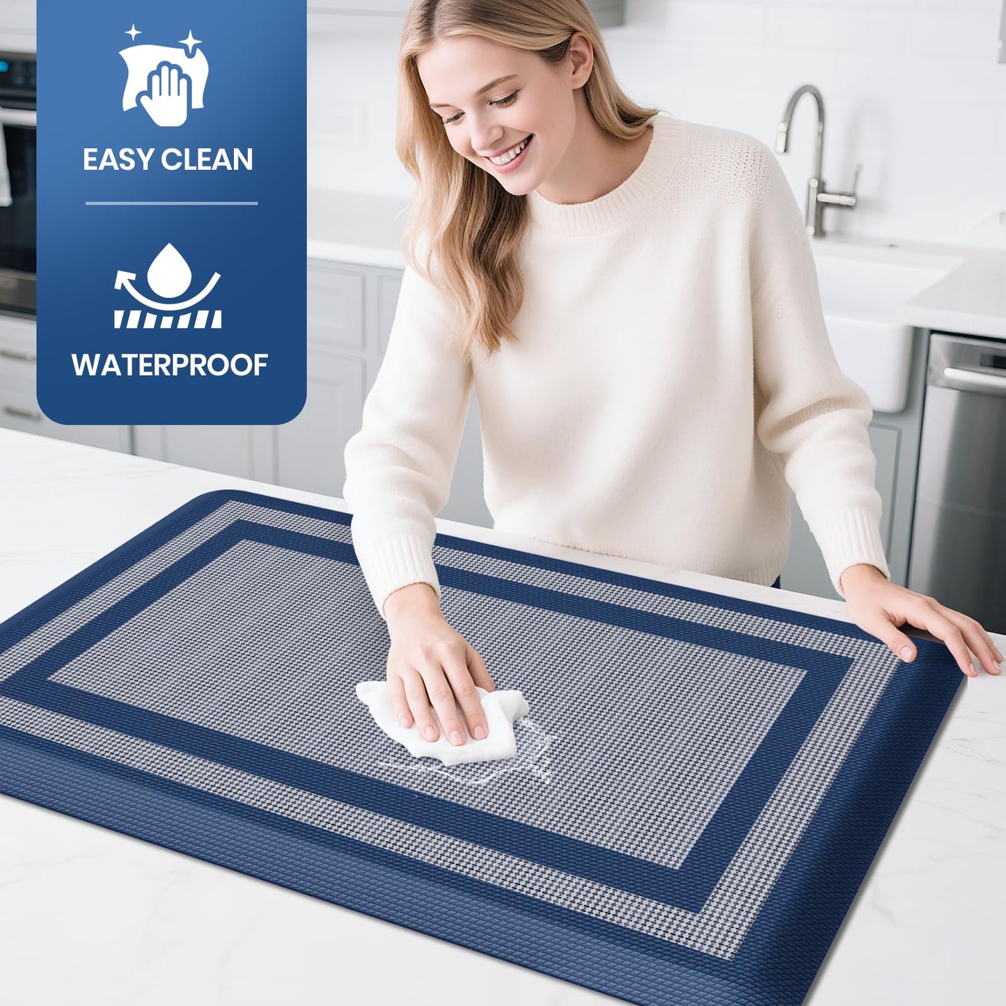 KitchenClouds [2 PCS Kitchen Rugs Cushioned Anti-Fatigue Kitchen Mats for Floor Waterproof Kitchen Rug Set Non-Slip Comfort Standing Mat for Office, Sink, Laundry 17.3"×29"+17.3"×47",Blue