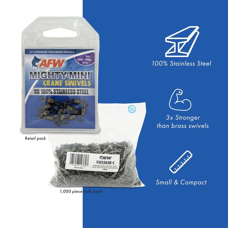American Fishing Wire Fishing Swivels - Mighty Mini 100% Stainless Steel Crane Swivels, 3X Stronger Than Brass, for Terminal Tackle Box, Up to 600lb Test - Fishing Gear for Fishing Line Leaders