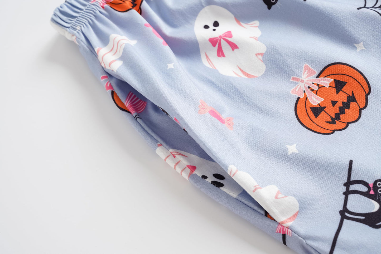 Vopmocld Girls Pajama Sets 3pcs Button Down Short Sleeve Long Pants With Shorts Sleepwear Cute Patterns Nighty For Teens Cute Lounge Sets, Bowknot Ghost, 16