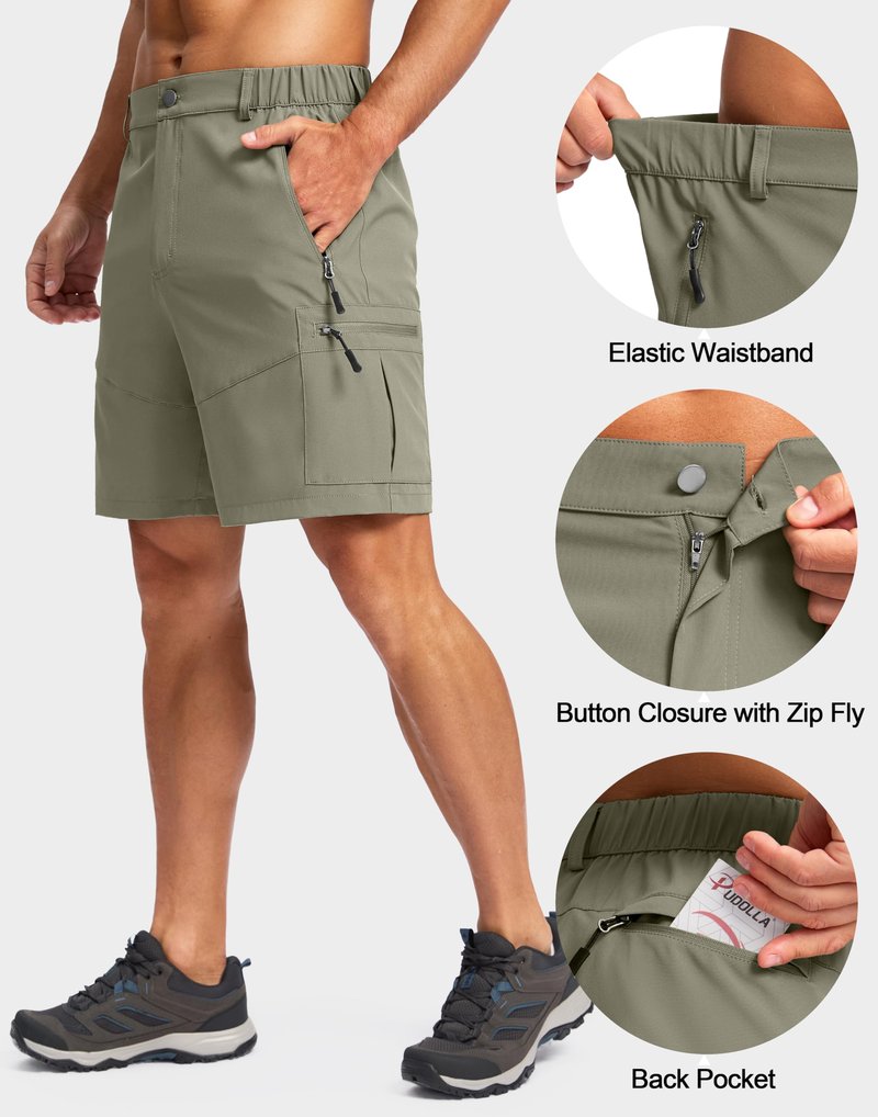Pudolla Men's Hiking Cargo Shorts Lightweight 7" Travel Casual Shorts for Men Golf Work Outdoor with 5 Zipper Pockets(Grey Sage Medium)
