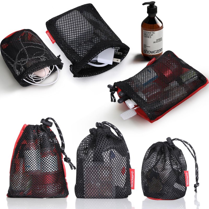 REDCAMP 5PCS Small Ditty Bags Set for Backpacking, Ultralight Nylon Mesh Drawstring Stuff Sack Assortment Storage Pouch Bags for Outdoor Camping Indoor Home, Red