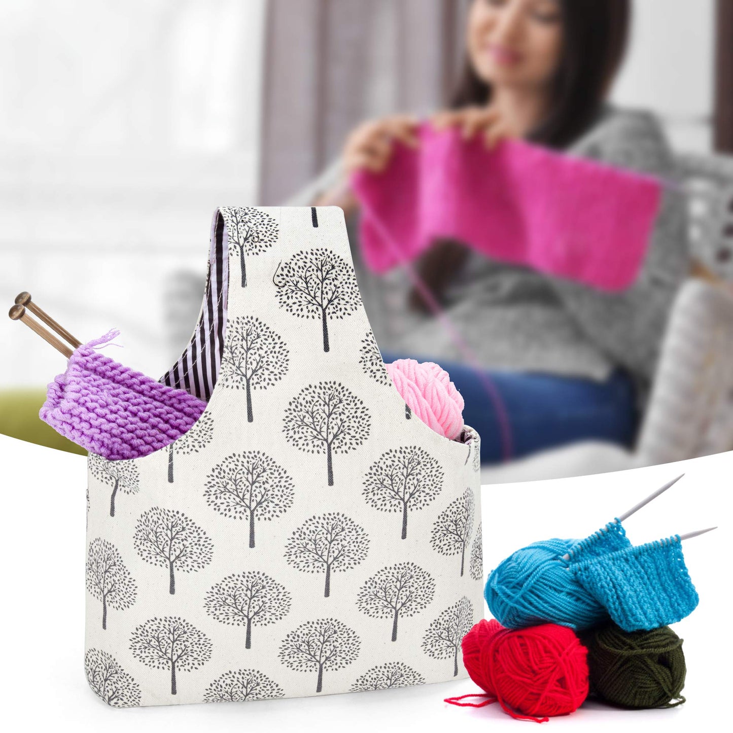 Teamoy Knitting Tote Bag, Travel Project Wrist Bag for knitting Needles(up to 11 Inches), Yarn and Crochet Supplies, Multipurpose, Perfect Size for Knitting on The Go (Small, Tree)