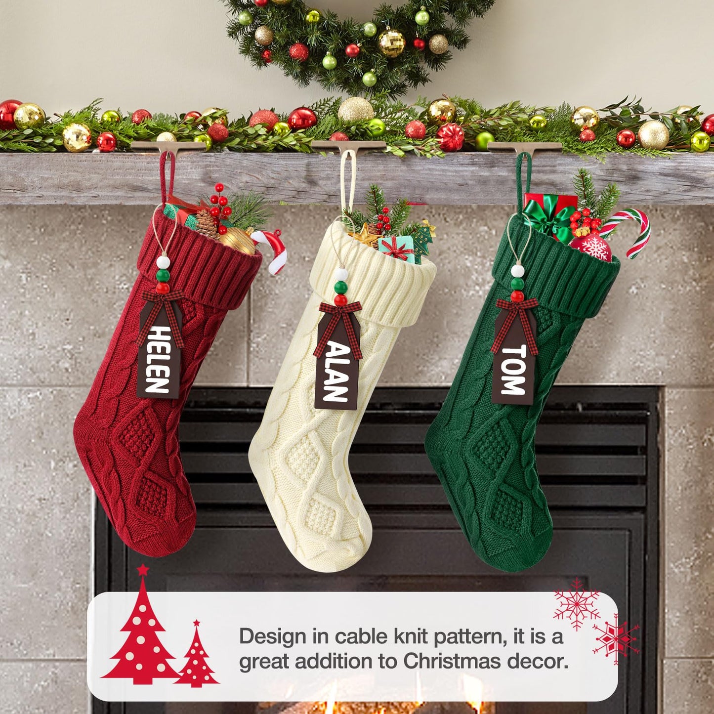 Hommtina Christmas Stockings, Personalized Christmas Stockings 18 Inches Large Size Cable Knitted Stocking Gifts (1pcs red)