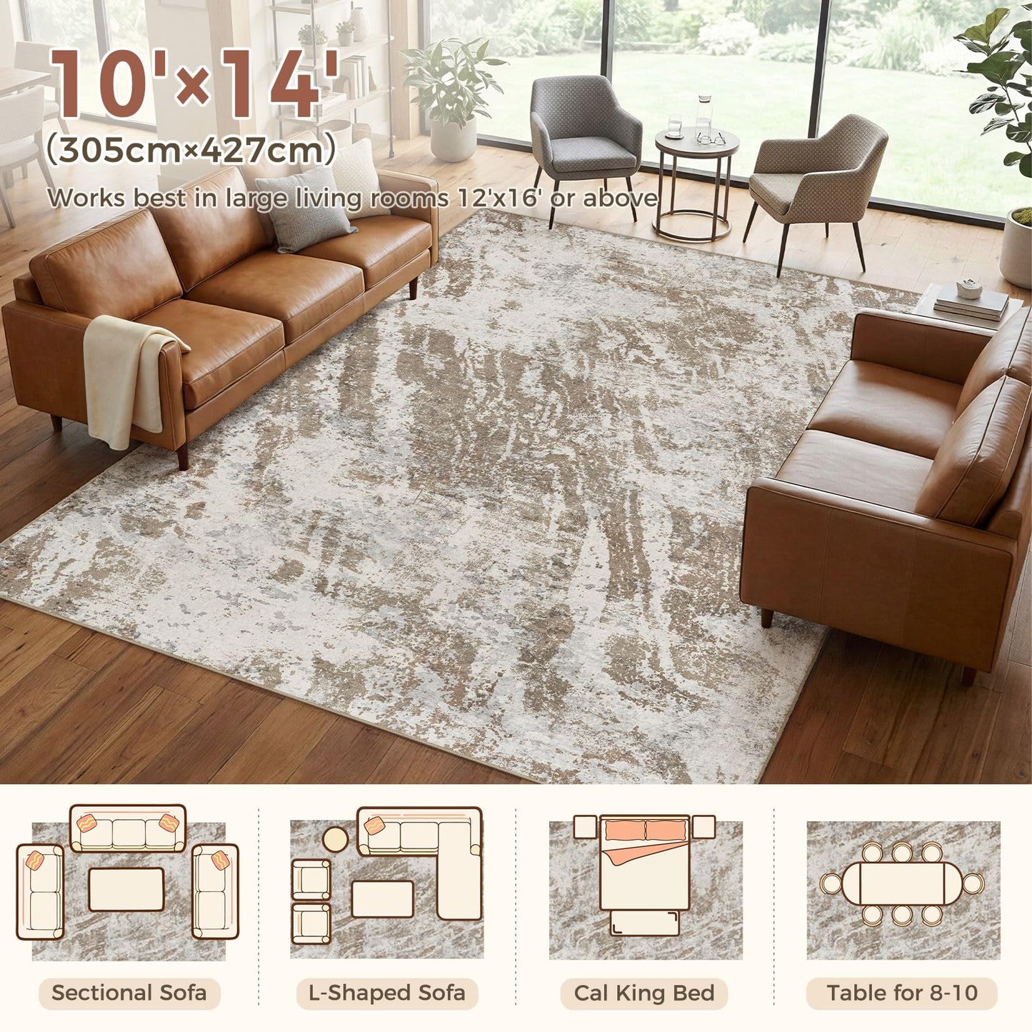 DMOYEST 10x14 Washable Area Rug: Abstract Modern Non-Slip Carpet, Soft Low Pile Indoor Neutral Easy Clean Floor Rugs for Living Room Bedroom Dining Room Kids & Pets - Brown