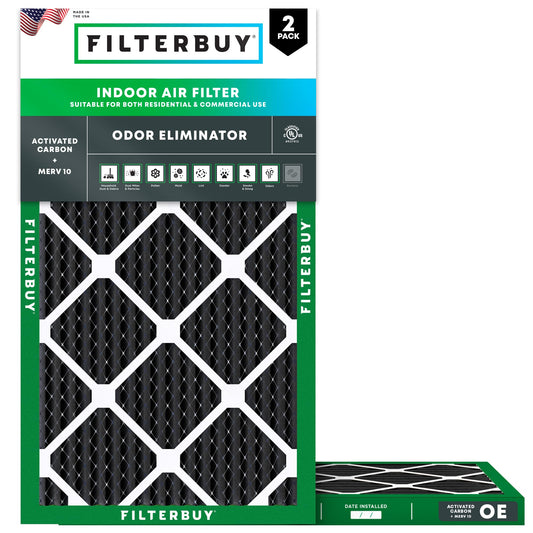 Filterbuy 20x30x1 Air Filter MERV 10 Odor & Allergy Defense with Activated Carbon (2-Pack), Electrostatic Pleated HVAC AC Furnace Filters Replacement, Made in USA (Actual Size: 19.63 x 29.63 x 0.75)
