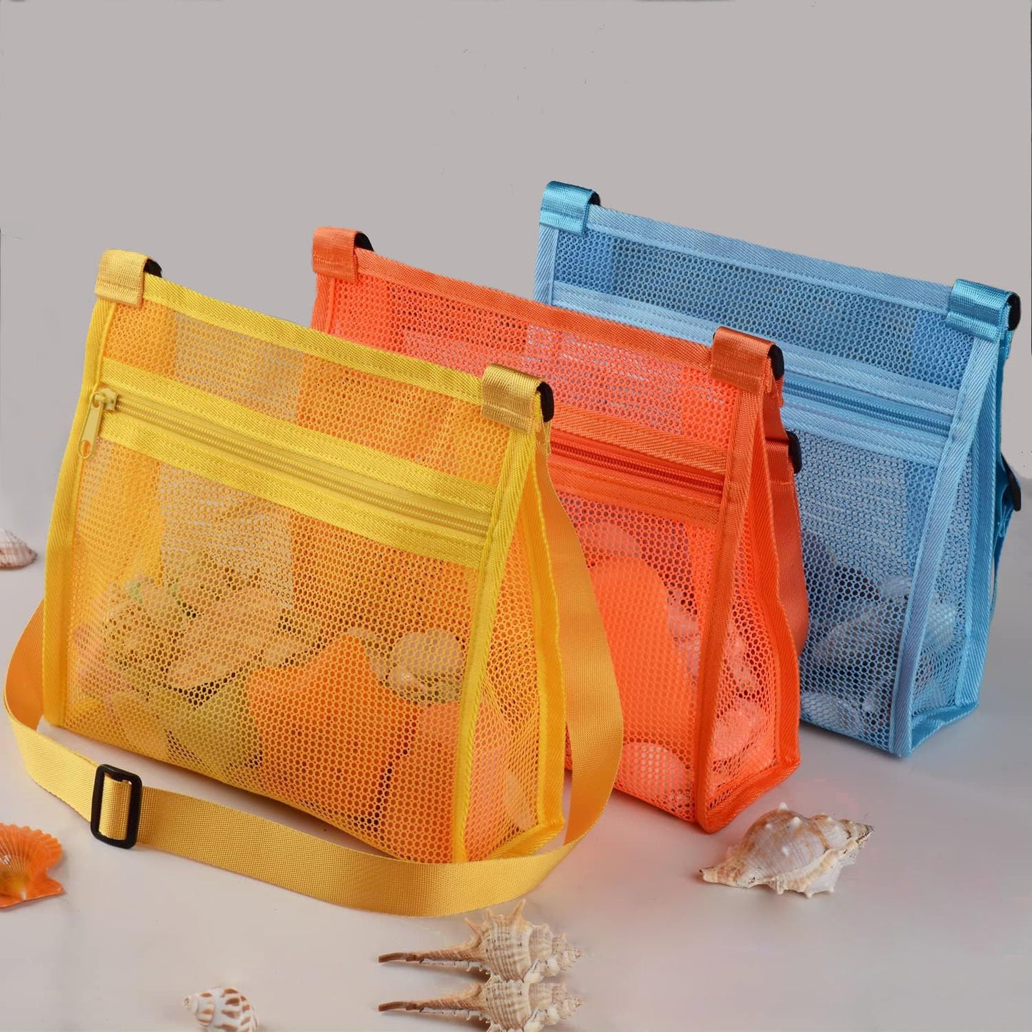 MUYIZI Mesh Beach Bag for Shells Collecting 3 Pack,Shell Bags for Beach, Beach Shell Bag for Kids, Sea Shell Bags for Picking Up Shells, Sand Toys Swimming Accessories for Boys and Girls