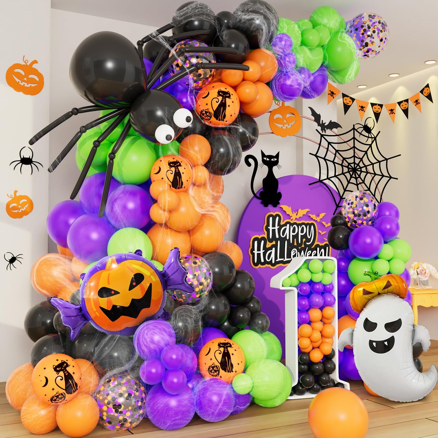 DBKL 159Pcs Halloween Balloons Garland Arch Kit, Ghost Pumpkin Foil Balloons with Black Orange Purple Fruit Green Confetti Balloon for Halloween Party Decorations