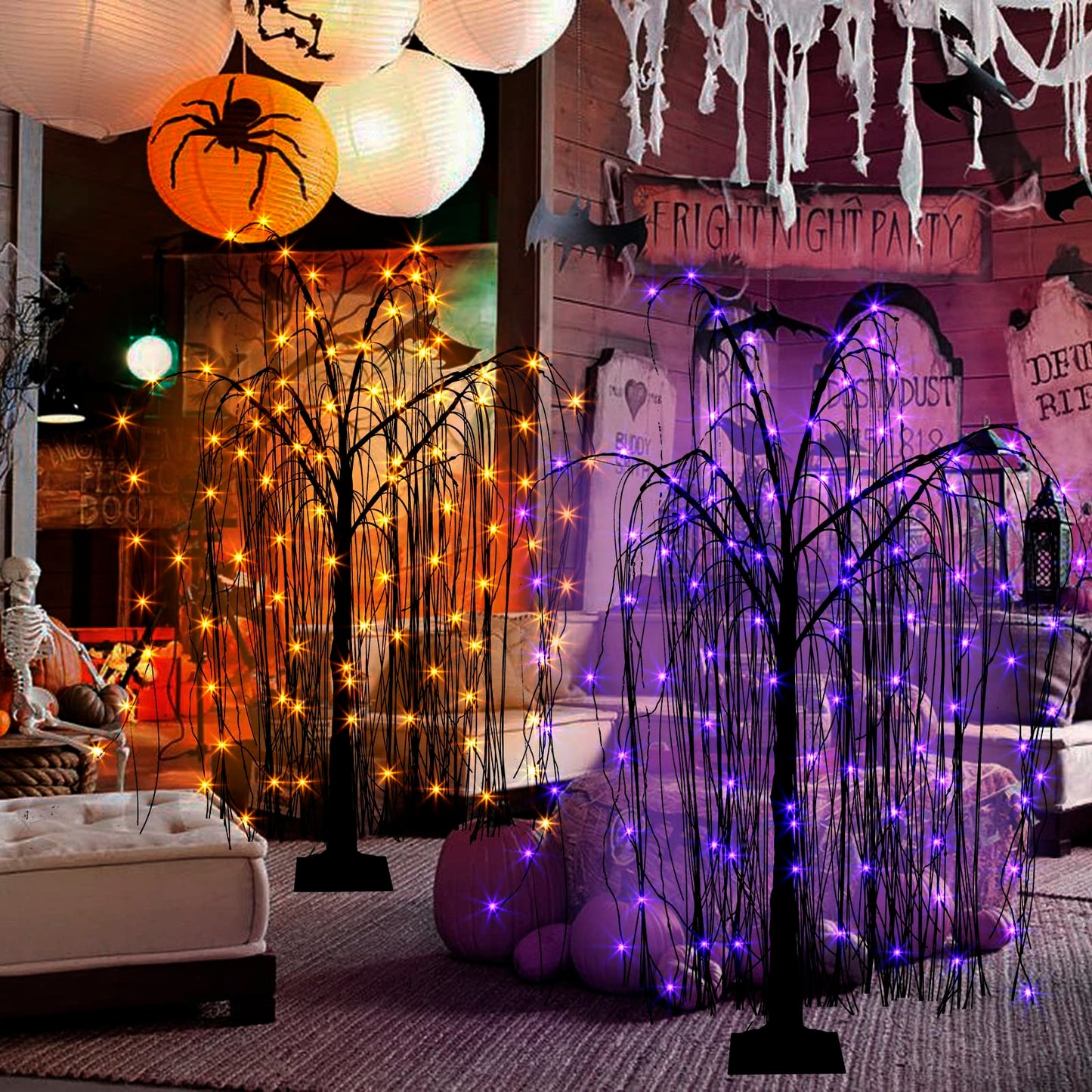 EAMBRITE Halloween Tree 4 FT 180 LED Black Willow Tree with Orange Purple Fairy Lights and Spider Web, Lighted Spooky Artificial Tree for Indoor Outdoor House Home Halloween Decorations