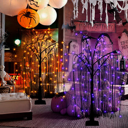 EAMBRITE Halloween Tree 4 FT 180 LED Black Willow Tree with Orange Purple Fairy Lights and Spider Web, Lighted Spooky Artificial Tree for Indoor Outdoor House Home Halloween Decorations