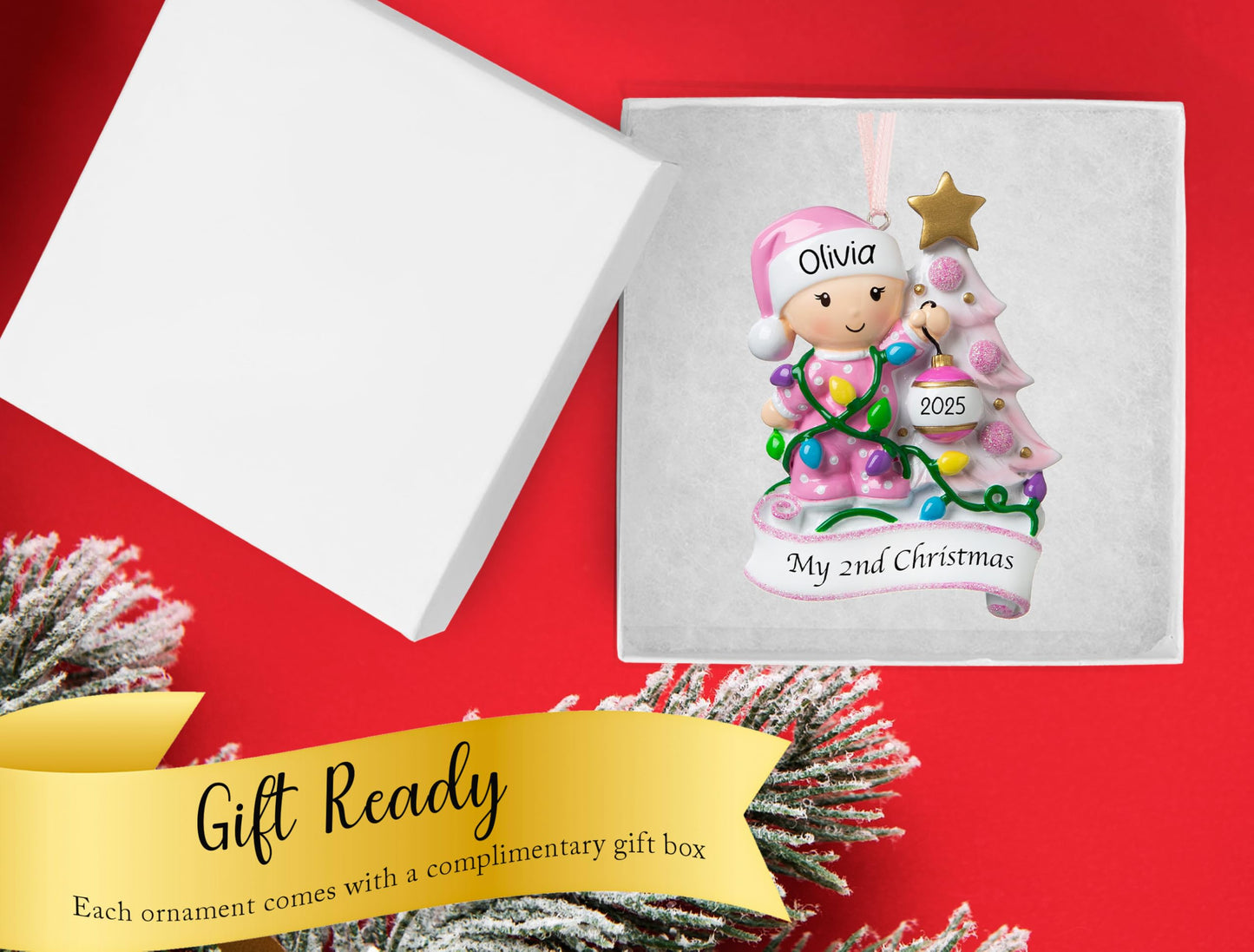 UniqXmas Personalized Baby's Second Christmas Ornament 2025 | Baby Girl Xmas Tree Decoration Pink – My 2nd Christmas Keepsake Gift for Daughter Grandbaby | Custom Name & Year