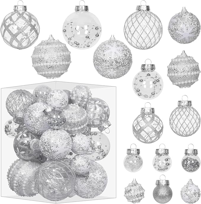 Super Holiday Christmas Ball Ornaments, 33PCS Silver Clear Shatterproof Plastic Foam Ornaments Set for Hanging Xmas Tree Holiday Thanksgiving Party Decor.