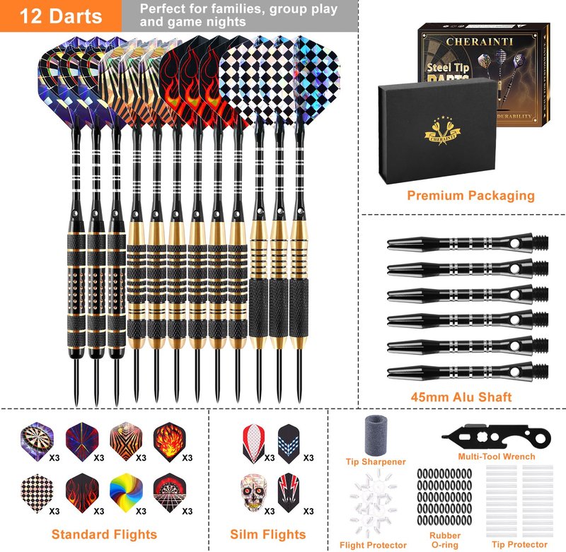 CHERAINTI Darts Metal Tip Set, 12 PCS Professional Steel Tip Darts for Dartboard with 20g 22g 24g Brass Barrels, 18 Aluminum Shafts, 36 Flights, 50 Rubber O-Rings, Sharpener Tool Kit and Gift Box
