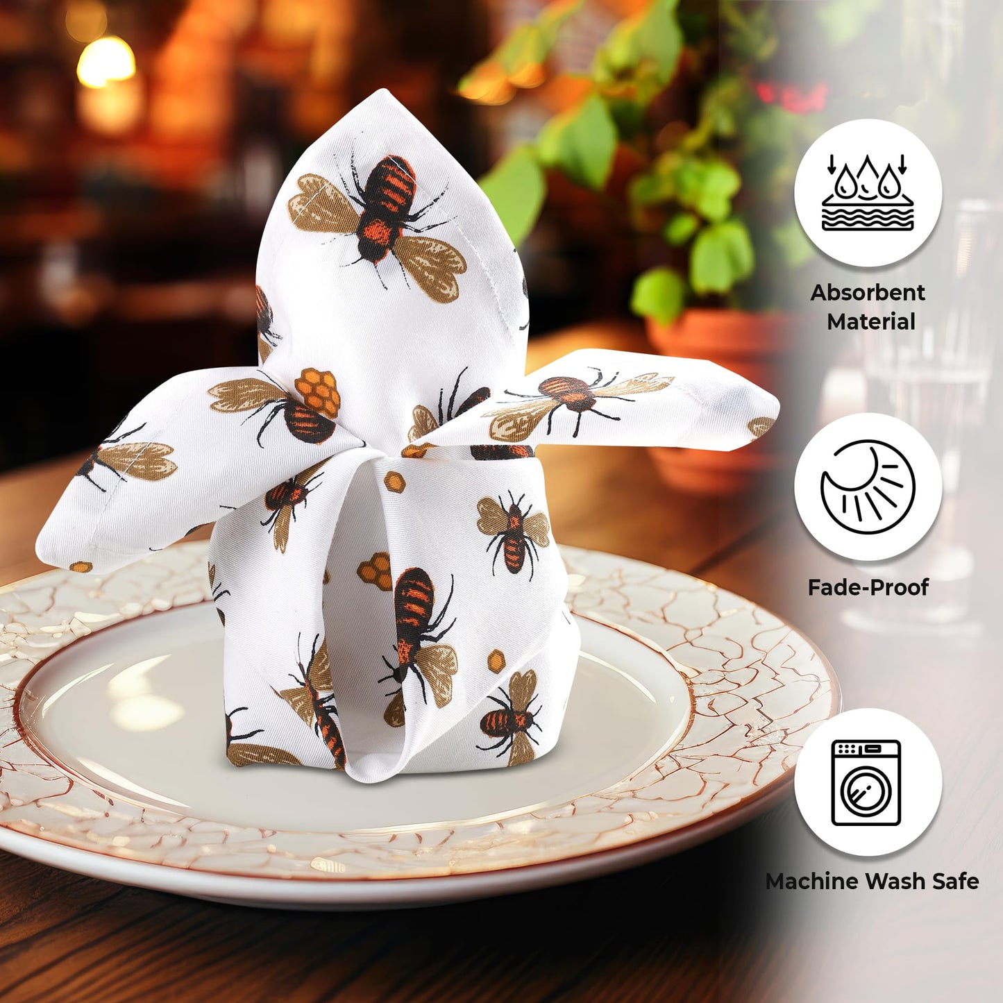 Urban Villa Dinner Napkins Honey Bee Print Cloth Napkins (Set of 12) Oversized 20x20 Inches 100% Cotton Premium Quality Soft Durable with Mitered Corners Reusable Washable Everyday Use Parties Napkins