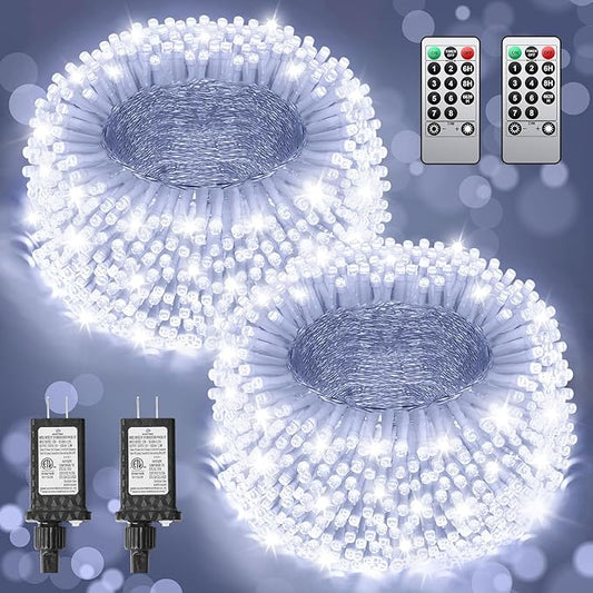 Total 710FT 1800 LED Christmas Lights, 2 Packs 900 LED Outdoor String Waterproof, Timer & Memory, 8 Modes Dimmable Plug in Fairy for Outside Tree Holiday Party Wedding Decor, Cool White