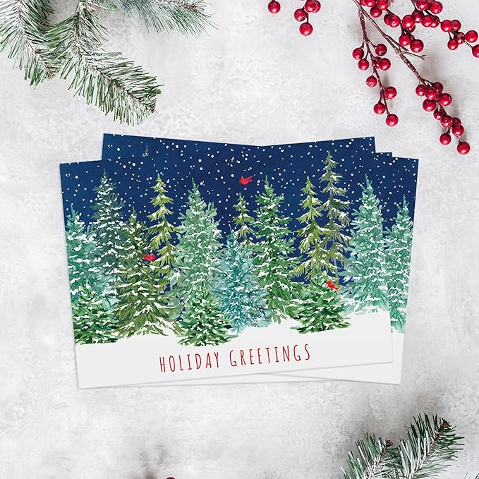 Masterpiece Snowy Evergreen Cardinal Trees Cards / 16 Boxed Holiday Note Card Set With Red Envelopes / 5 5/8" x 7 7/8" Folded Christmas Seasonal Winter New Year Greetings With Inside Verse
