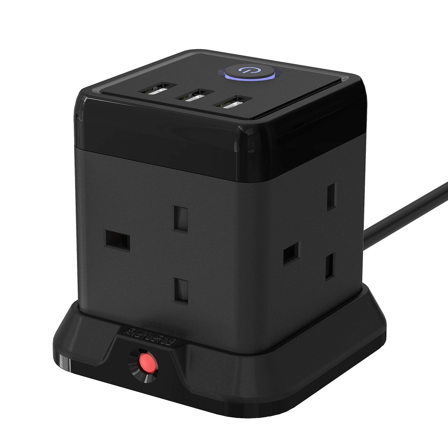 Cube Extension Lead with 3 USB Slots 13A 3250W Hulker 4 Gang Plug Socket with Switch 4 Way Power Strip with 3 USB Port 1.5M Extension Cord Black for Home Dorm Office Travel