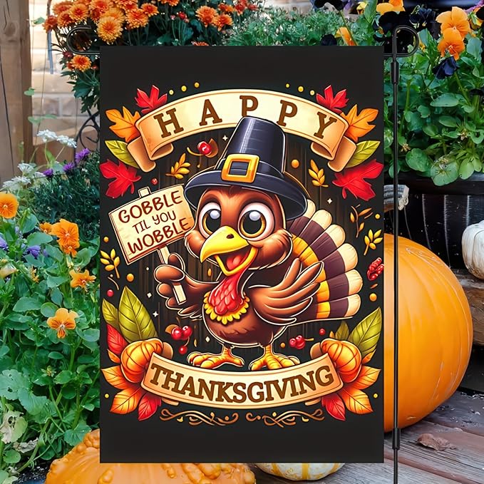 Thanksgiving Turkey Garden Flag Double Sided 12x18 Inch Happy Fall Pumpkin Leaves Yard Flag Autumn Harvest Outdoor Decoration Farmhouse Porch Lawn Banner Seasonal Holiday Home Decor
