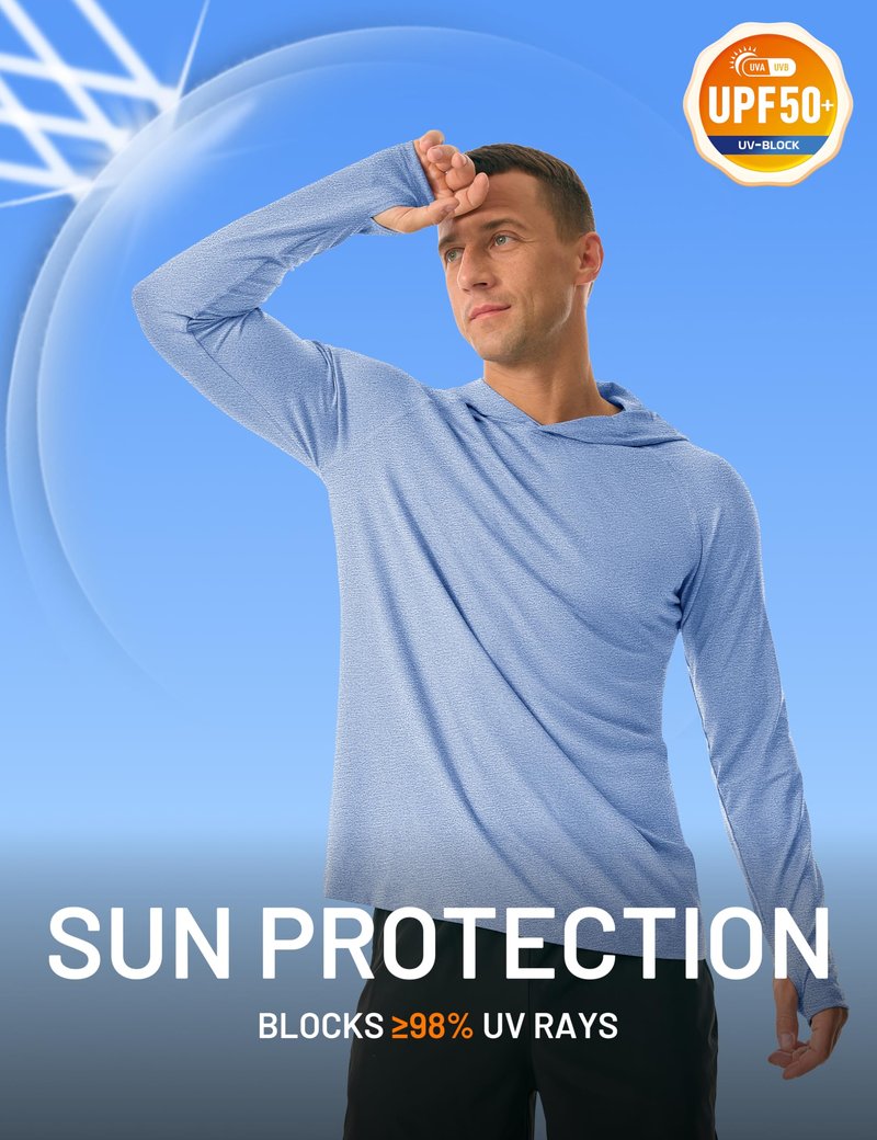 MAGCOMSEN Mens Long Sleeve Sun Hoodie Lightweight UPF 50+ Sun Protection Rash Guard Quick Dry Athletic Swim Water Shirts Light Blue, XL