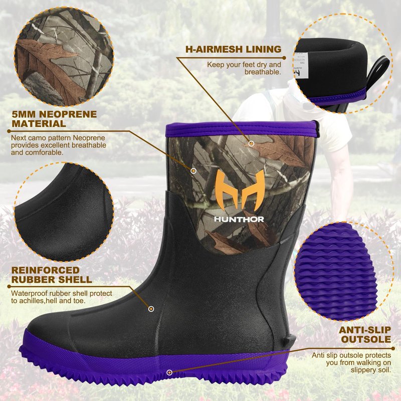 Hunthor Rubber Boots for Women, 5mm Neoprene Insulated Waterproof Rain Boots with Steel Shank, Mid Calf Hunting Shoes for Faming Gardening Mud Work (Purple, Size 8)